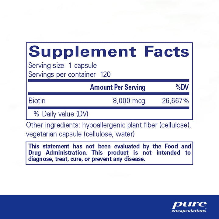 Pure Encapsulations Biotin 8 mg - B Vitamin Supplement to Aid Stress Relief, Hair, Skin & Nail Strengthening, Metabolism, Carbohydrate Support & Nervous System* - with Premium Biotin - 120 Capsules