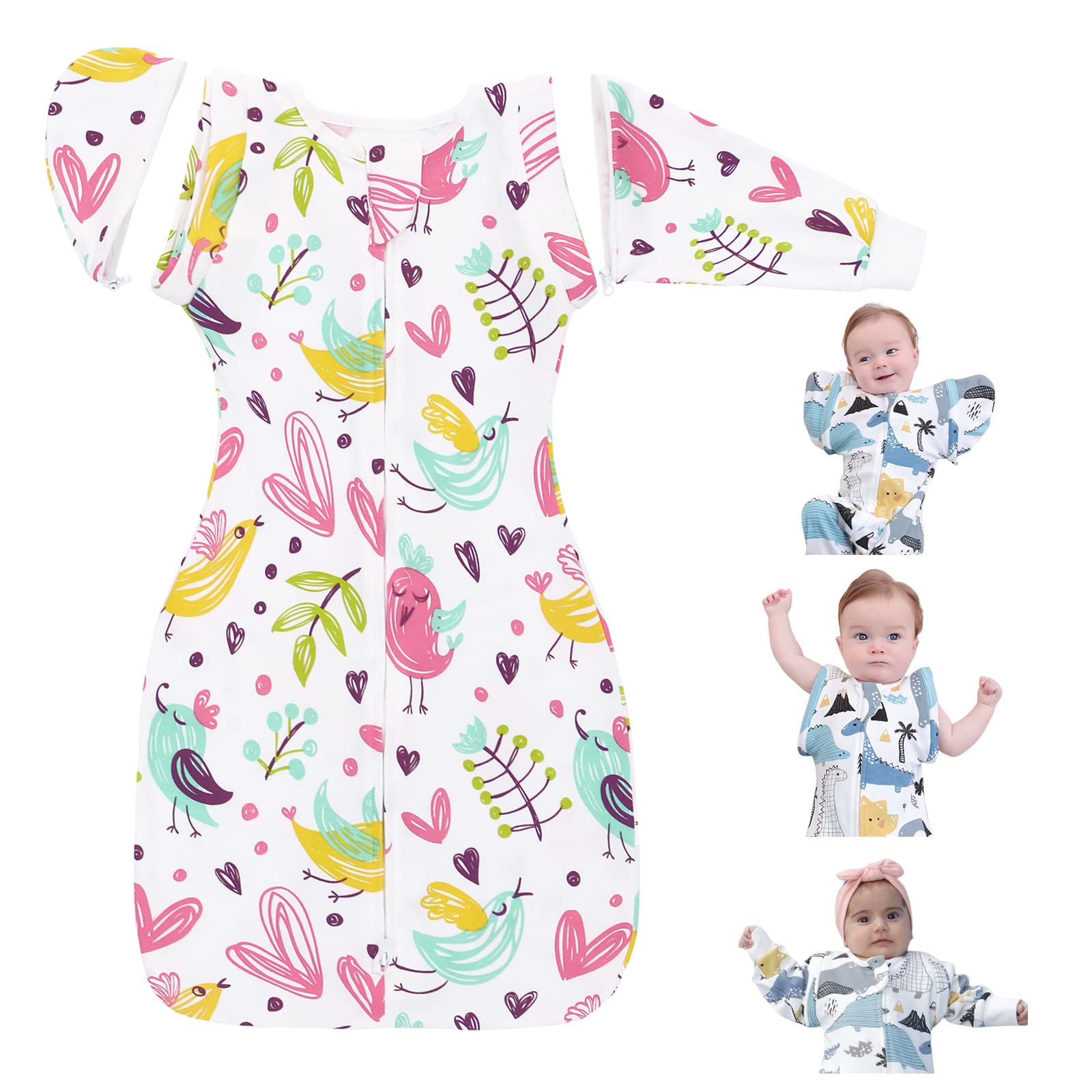 Nearkoi Baby Transition Swaddle Sack - Baby Sleeping Bag with Arms Up, Pure Cotton, Pink, 17-22lbs