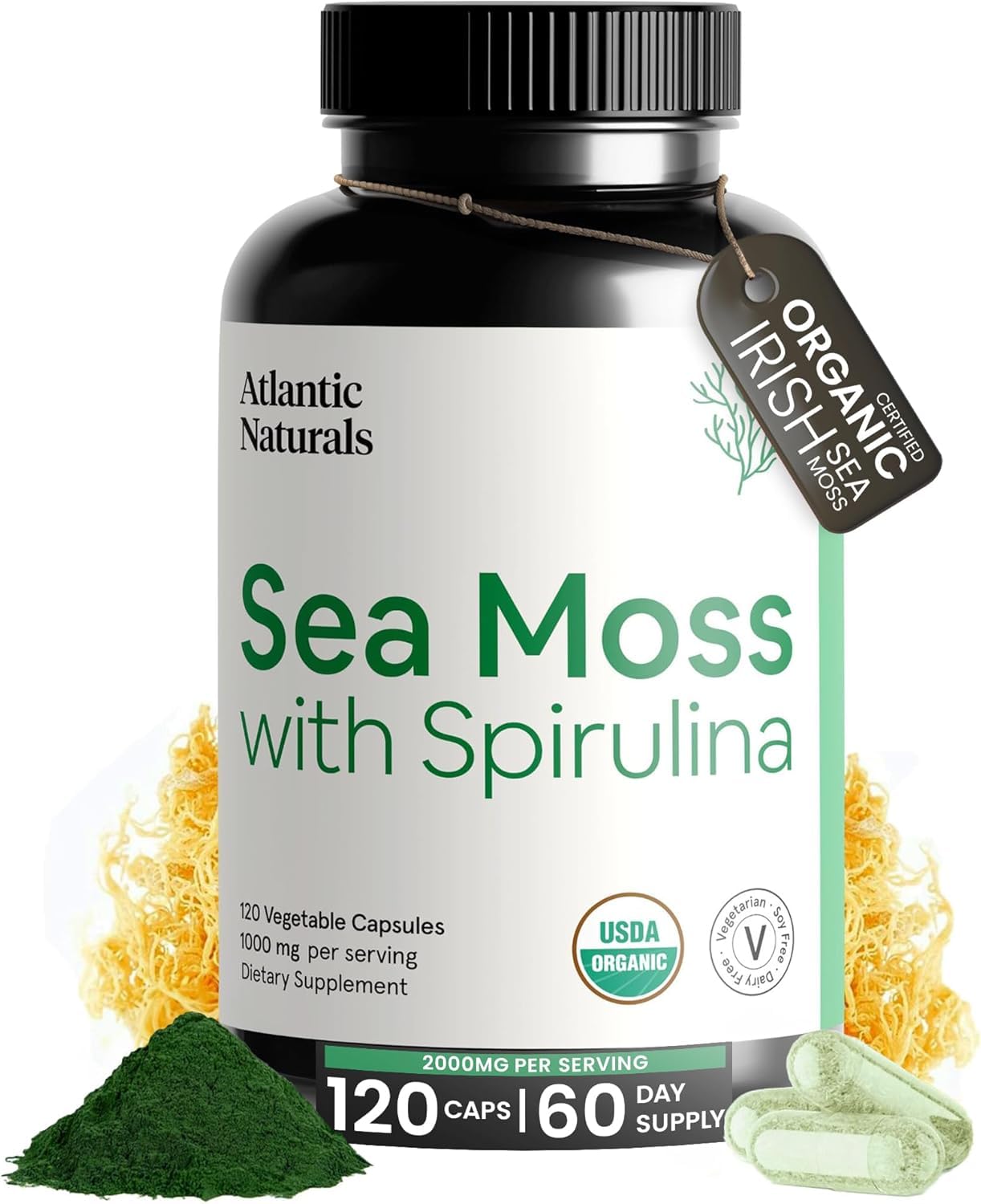 Atlantic Naturals Sea Moss with Spirulina Superfood Capsules - Multivitamin Supplement Supports Healthy Iron and Immune Health, Alternative to Seamoss Gel and Powder - Irish Sea Moss Capsules (120 ct)