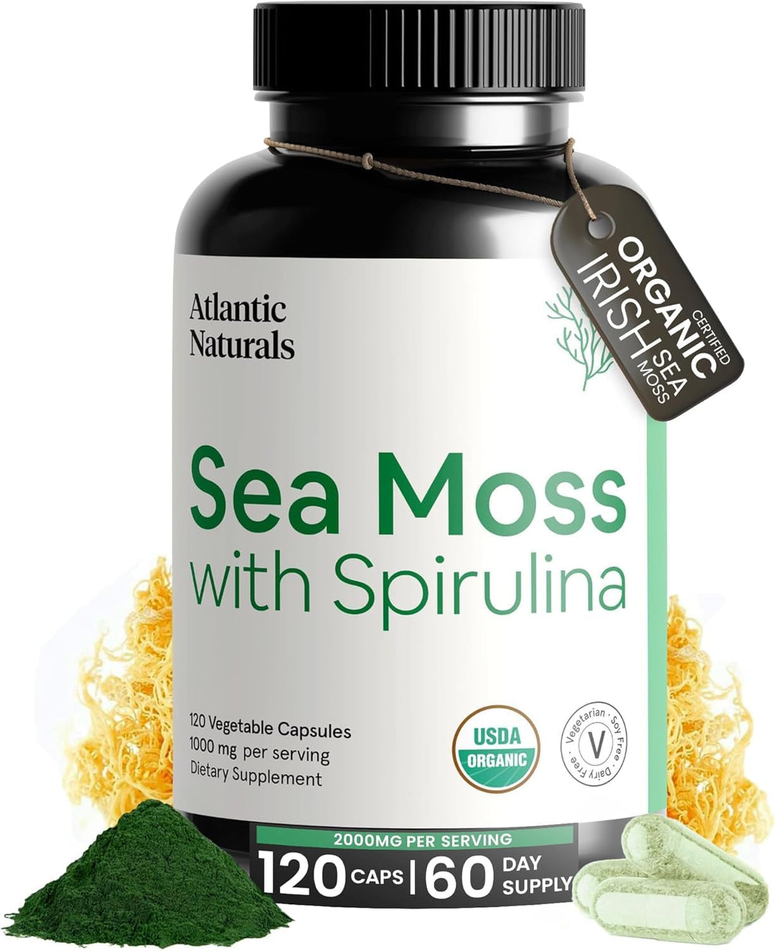 Atlantic Naturals Sea Moss with Spirulina Superfood Capsules - Multivitamin Supplement Supports Healthy Iron and Immune Health, Alternative to Seamoss Gel and Powder - Irish Sea Moss Capsules (120 ct)