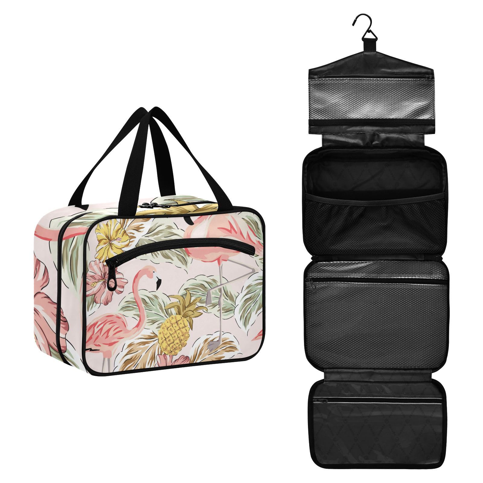 Toiletry Bag Travel Bag with Hanging Hook Tropical Pink Flamingos Pineapples Hibiscus Bouquets Palm Leaves Makeup Cosmetic Bag Travel Organizer Water-resistant for Toiletries Accessories Shampoo Fu