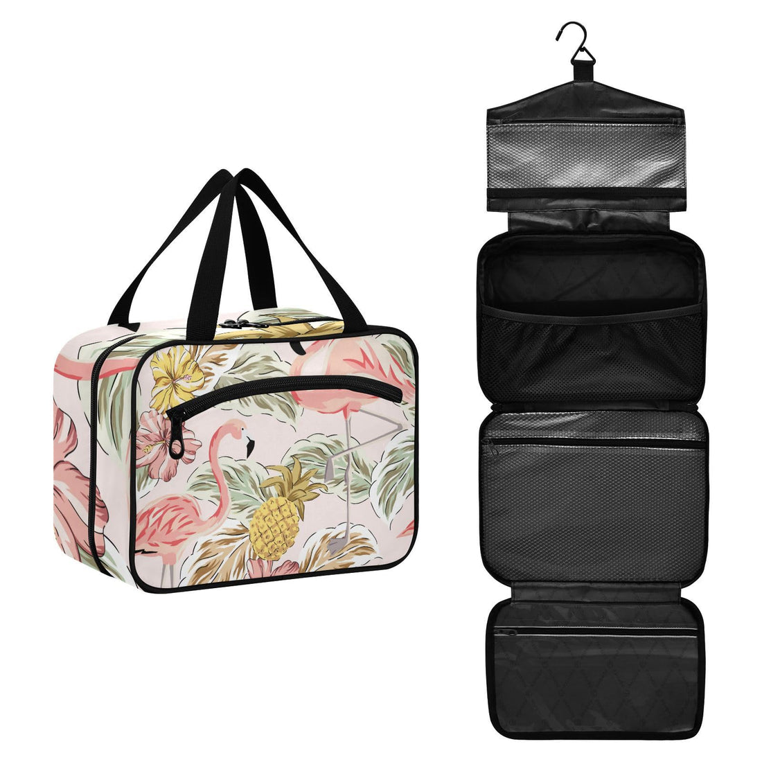Toiletry Bag Travel Bag with Hanging Hook Tropical Pink Flamingos Pineapples Hibiscus Bouquets Palm Leaves Makeup Cosmetic Bag Travel Organizer Water-resistant for Toiletries Accessories Shampoo Fu