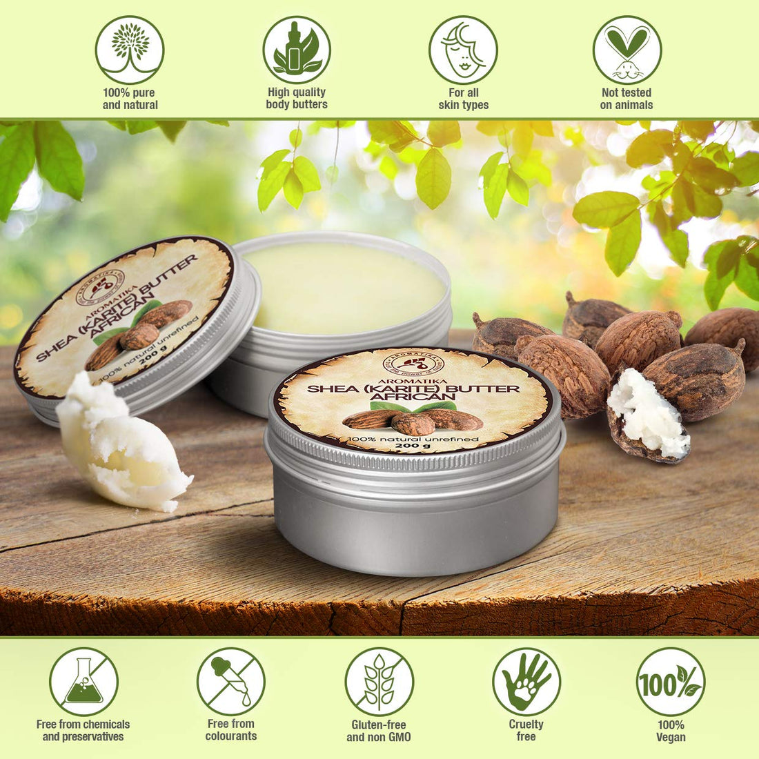 AROMATIKA Shea Butter Cold Pressed 7oz - Unrefined African Shea Butter - Ghana - 100% Pure & Natural - Best for Hair - Skin - Lip - Face - Body Care - Karite Shea Butter - Aluminium jar