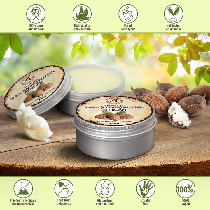 AROMATIKA Shea Butter Cold Pressed 7oz - Unrefined African Shea Butter - Ghana - 100% Pure & Natural - Best for Hair - Skin - Lip - Face - Body Care - Karite Shea Butter - Aluminium jar