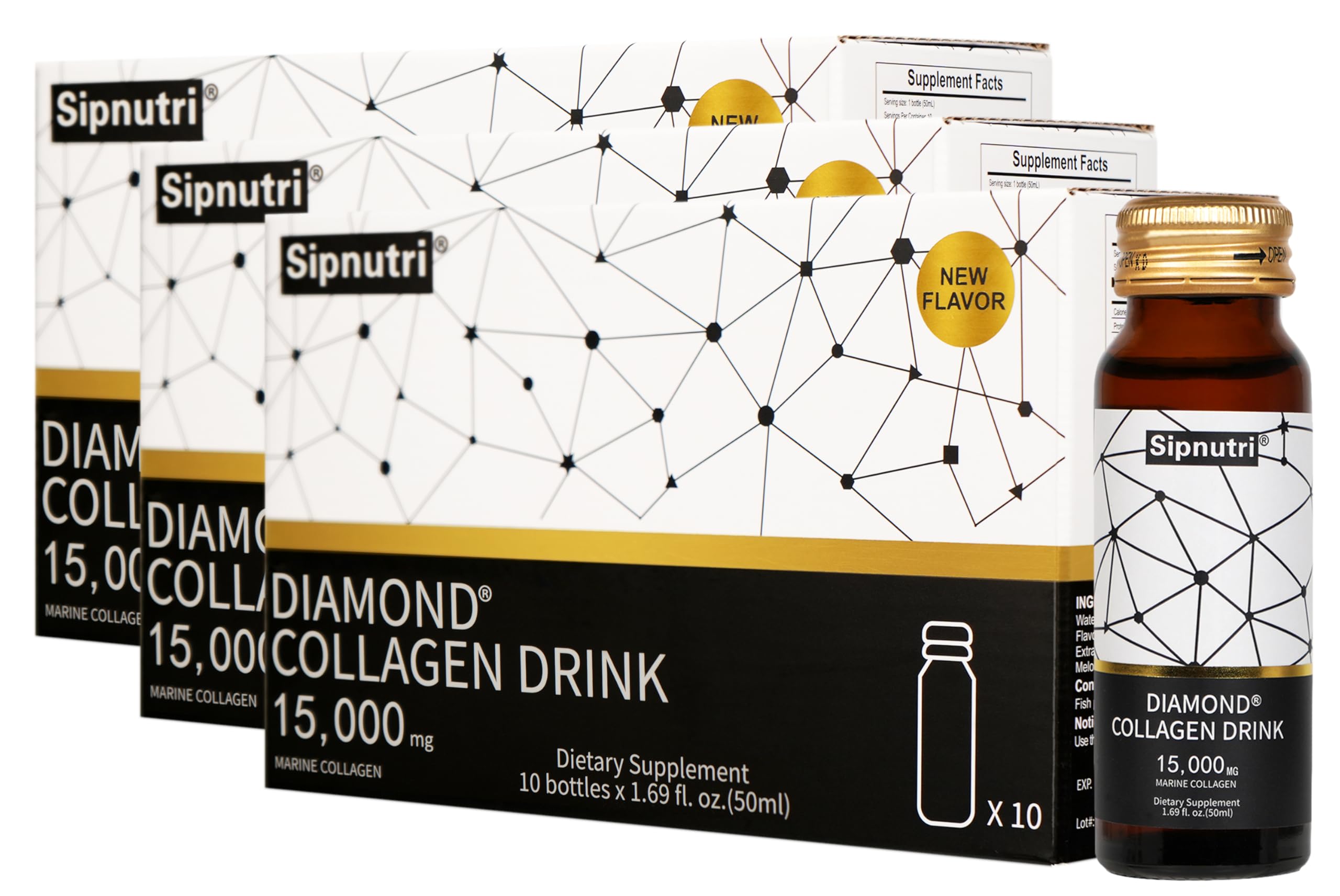 Sipnutri Diamond Liquid Collagen Drink, 15000 mg Hydrolyzed Marine Collagen Peptides with Vitamin C, Pomegranate, Healthy Hair Skin Nails Joints Bones Support, 50 ml x 10 Bottles (3 Boxes)