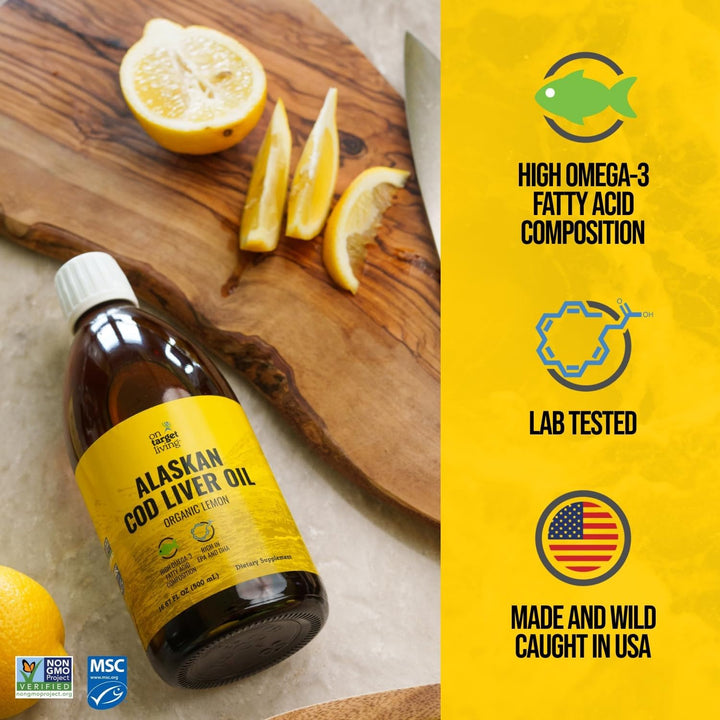 On Target Living Alaskan Cod Liver Oil Liquid | Organic Lemon Flavor 16.67 oz | Line Caught in The USA | Naturally Occurring Vitamin D | Rich in Omega 3 DHA/EPA | Non-GMO Project Certified