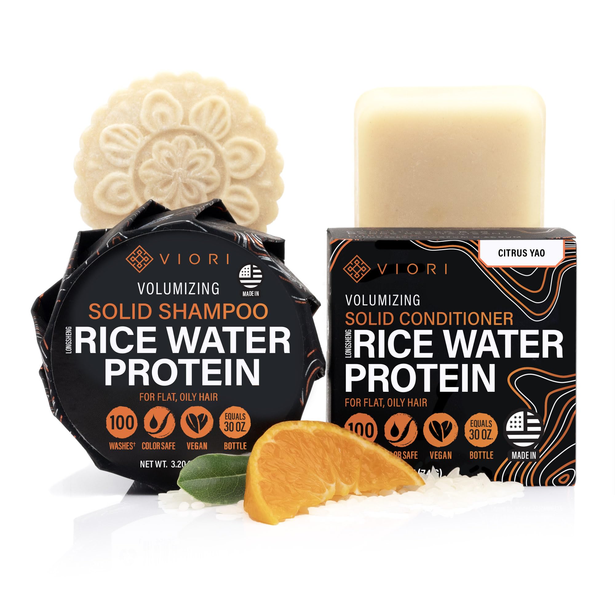 Viori Citrus Yao Shampoo and Conditioner Bar Set Made with Rice Water - Handcrafted Sulfate Free Shampoo and Conditioner