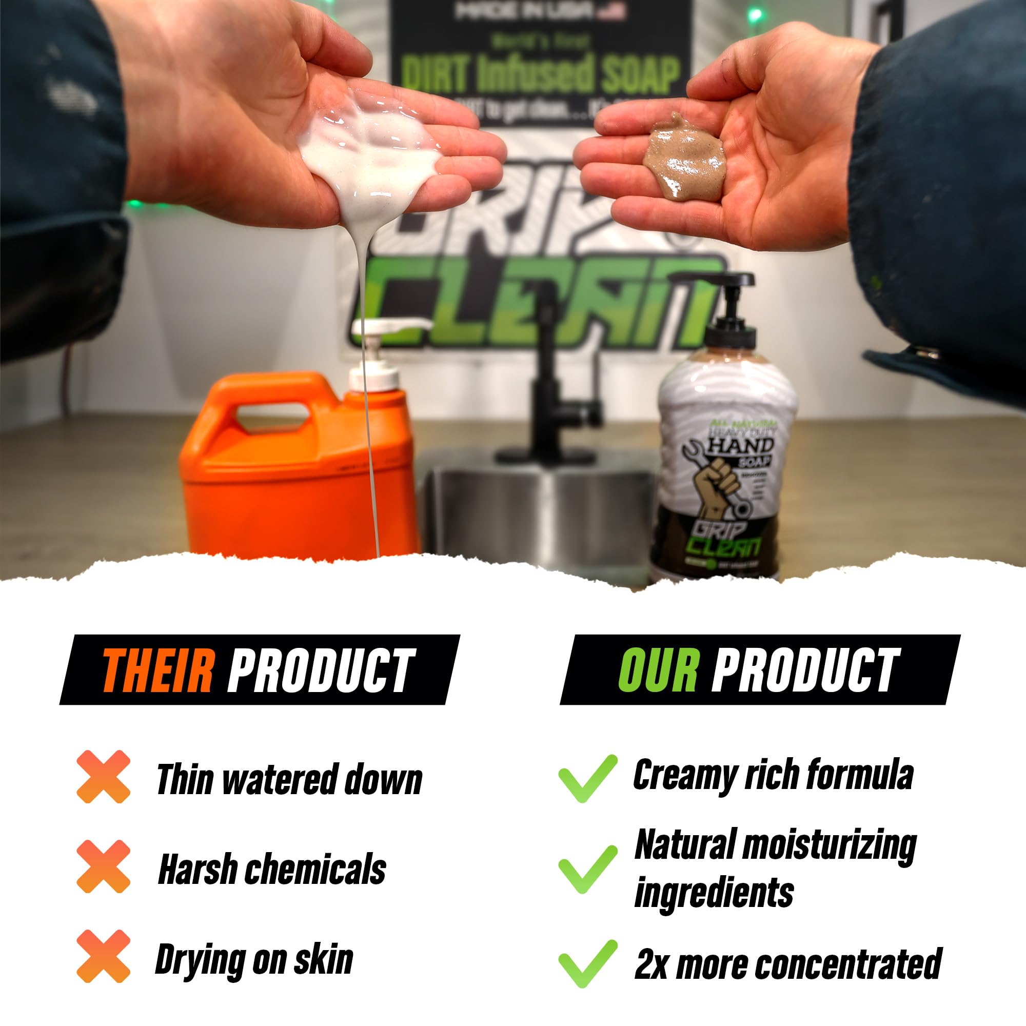 Grip Clean - Hand Cleaner for Mechanics – Heavy-Duty Mechanic Soap, Liquid Hand Soap with Natural Pumice & Clay to Absorb Tough Grease, Oil & Dirt – Moisturizing Coconut Oil, Lime Scent (8oz)