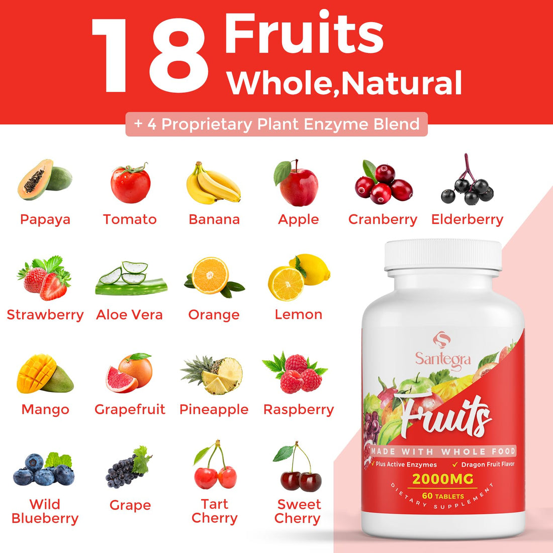 2000 MG Fruits and Vegetables Supplements, Natural Balance Over 35+ Fruits and Vegetables, 100% Whole Food Superfoods Fruit and Veggies Supplement, Energy Balance, Sugar-Free, Vegan, 120 Tablets