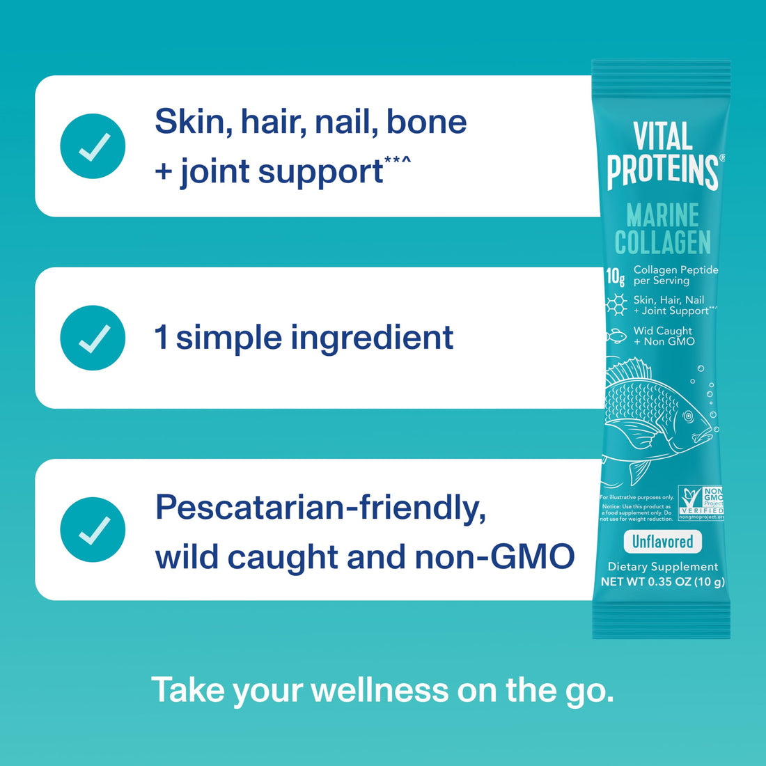 Vital Proteins Marine Collagen, Wild-Caught, Non-GMO Project Verified, Unflavored Stick Packs (10g) (Box of 20)