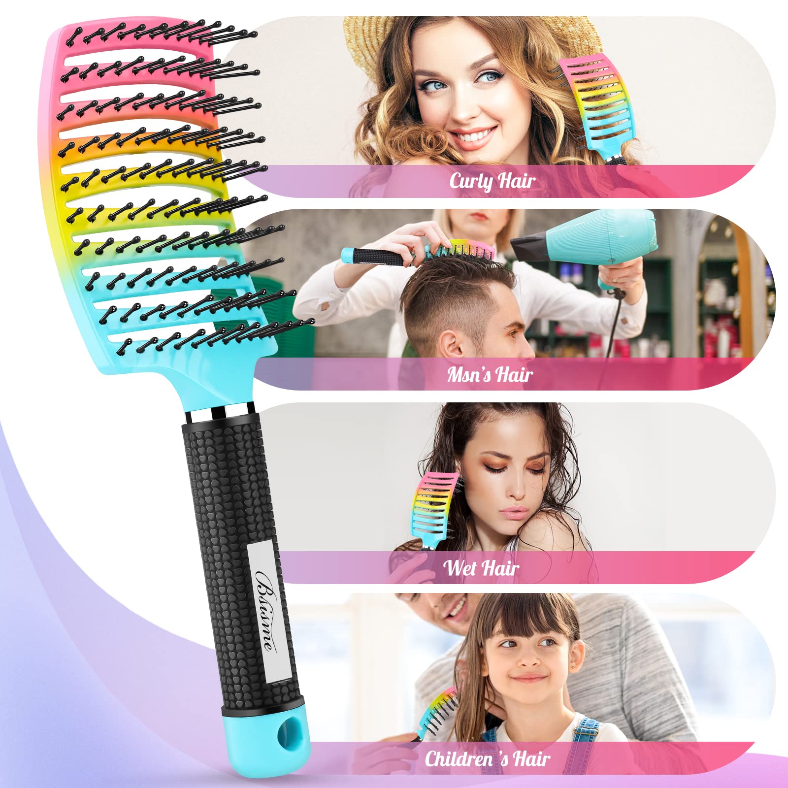 Curved Vented Paddle Brush - Faster Blow Drying, Detangling for Women & Men, Professional Styling for Wet, Curly, Thick or Straight Hair (colourful)