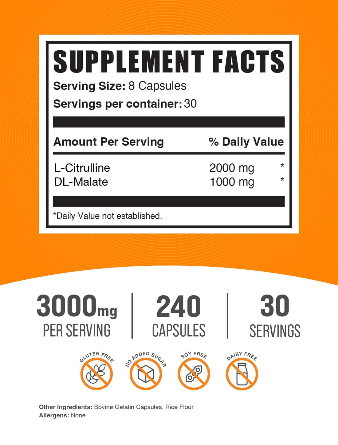 BulkSupplements.com L-Citrulline Malate Capsules - as L-Citrulline DL-Malate 2:1, Citrulline Malate Supplement - Gluten Free, 8 Capsules per Serving, 240 Capsules (Pack of 1)