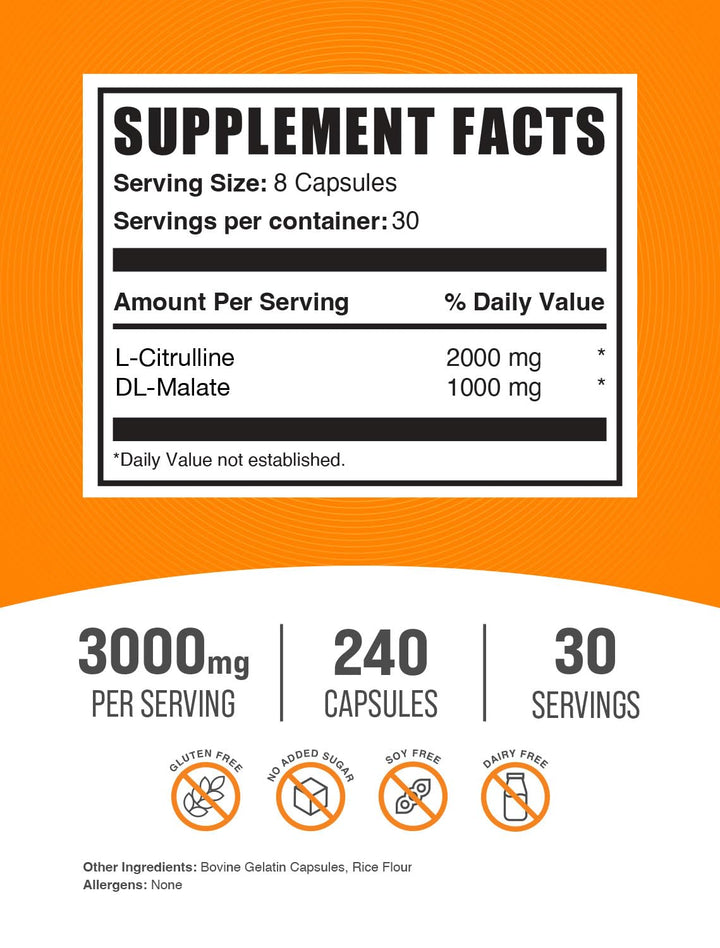 BulkSupplements.com L-Citrulline Malate Capsules - as L-Citrulline DL-Malate 2:1, Citrulline Malate Supplement - Gluten Free, 8 Capsules per Serving, 240 Capsules (Pack of 1)