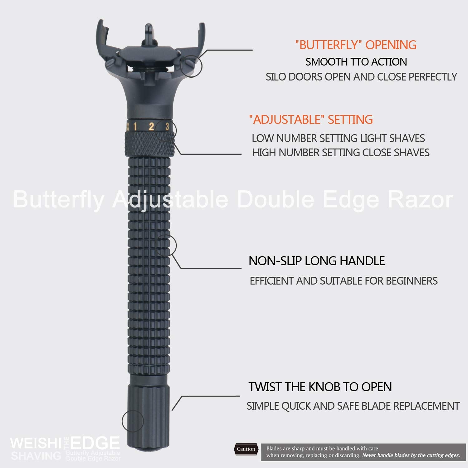 WEISHI Butterfly Open Double Edge Safety Razor Nostalgic Adjustable Matte Black