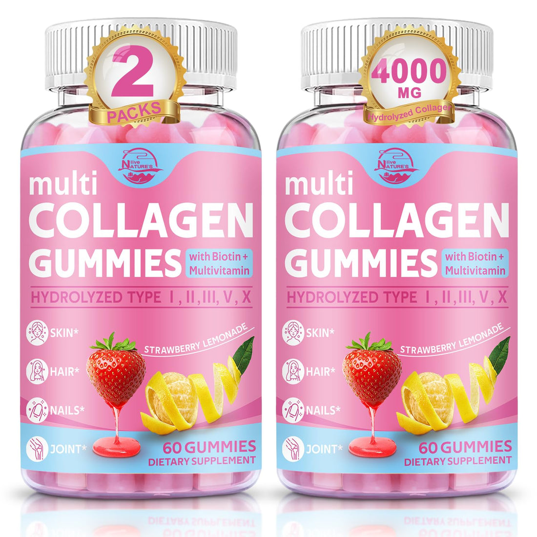Multi Collagen Peptides Gummies, Type I, II, III, V, X - Hydrolyzed Collagen Peptides with Biotin, Hyaluronic Acid, Supports Healthy Skin, Strong Nails & Thick Hair, 60 Count, 2 Pack