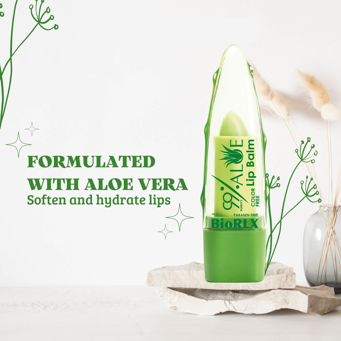 BioRLX 99% Purity Aloe Vera Color-Free Lip Balm - Natural Moisturizing Unisex Lip Care for Hydrated and Radiant Lips (Aloe - Color Free, 0.12 Ounce (Pack of 1))