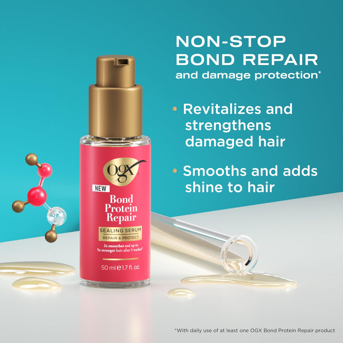 OGX Repair & Protect Bond Protein Repair Sealing Hair Serum, Sealing Hair Serum Helps Revitalize Damaged Hair for Softer, Smoother, & Stronger Hair, 1.7 fl. oz