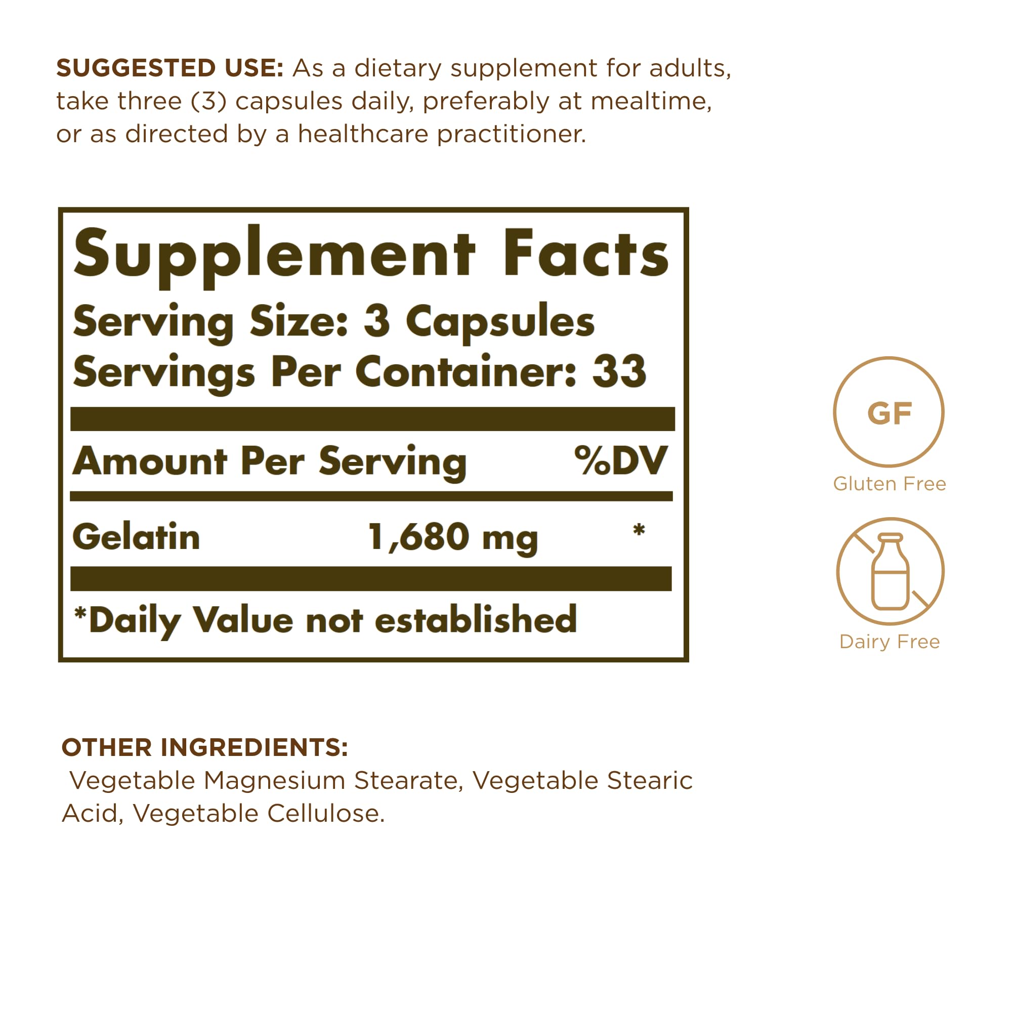 Solgar Gelatin 1680 mg, 100 Capsules - Natural Gelatin - Supports Bone, Joint & Skin Health - Gluten Free, Dairy Free - 33 Servings