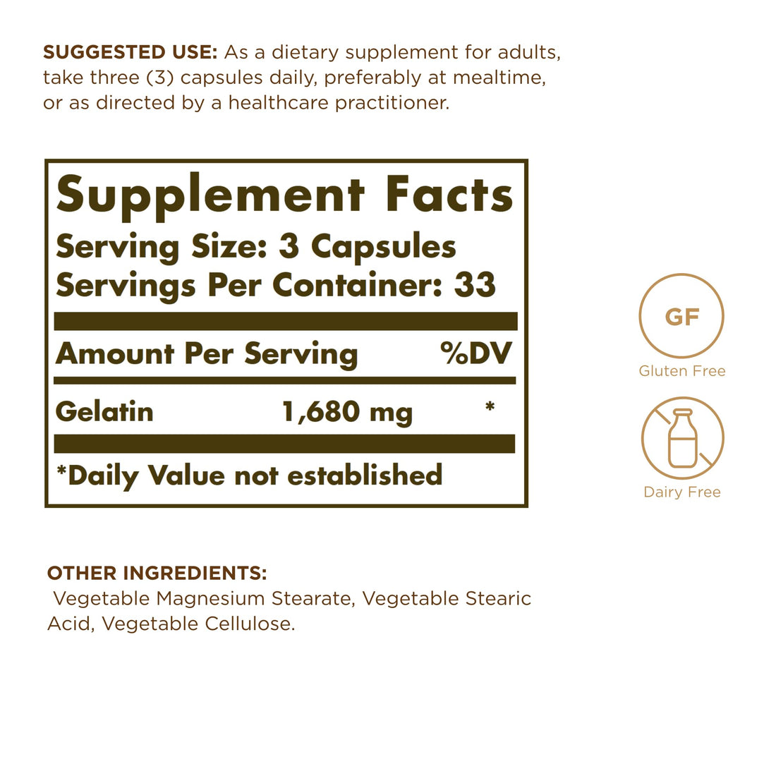 Solgar Gelatin 1680 mg, 100 Capsules - Natural Gelatin - Supports Bone, Joint & Skin Health - Gluten Free, Dairy Free - 33 Servings