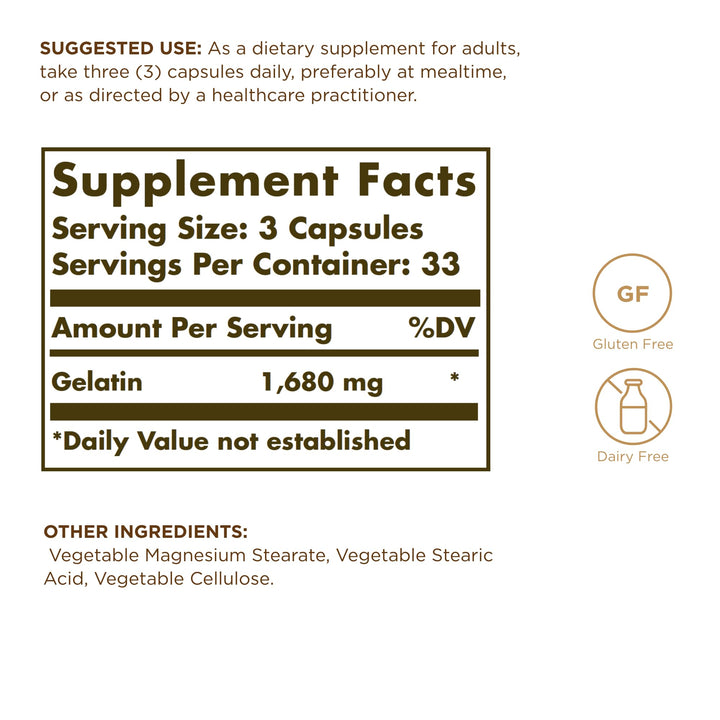 Solgar Gelatin 1680 mg, 100 Capsules - Natural Gelatin - Supports Bone, Joint & Skin Health - Gluten Free, Dairy Free - 33 Servings