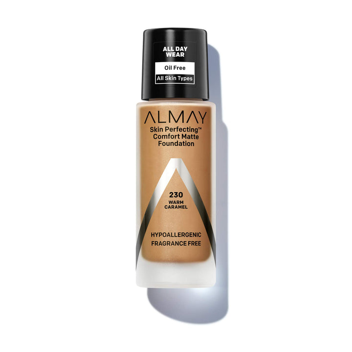 Almay Skin Perfecting Comfort Matte Foundation, Hypoallergenic, Cruelty Free, -Fragrance Free, Dermatologist Tested Liquid Makeup, Warm Caramel, 1 Fluid Ounce