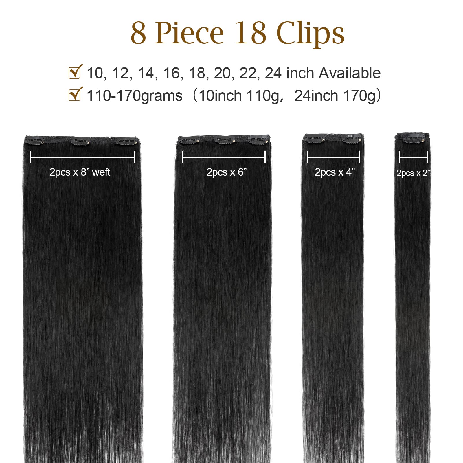 Double Weft 100% Clip in Remy Human Hair Extensions #1 Jet Black 10'-22' Grade 7A Quality Full Head Thick Thickened Short Soft Silky Straight 8pcs 18clips for Women Beauty 10 / 10 inch 110g