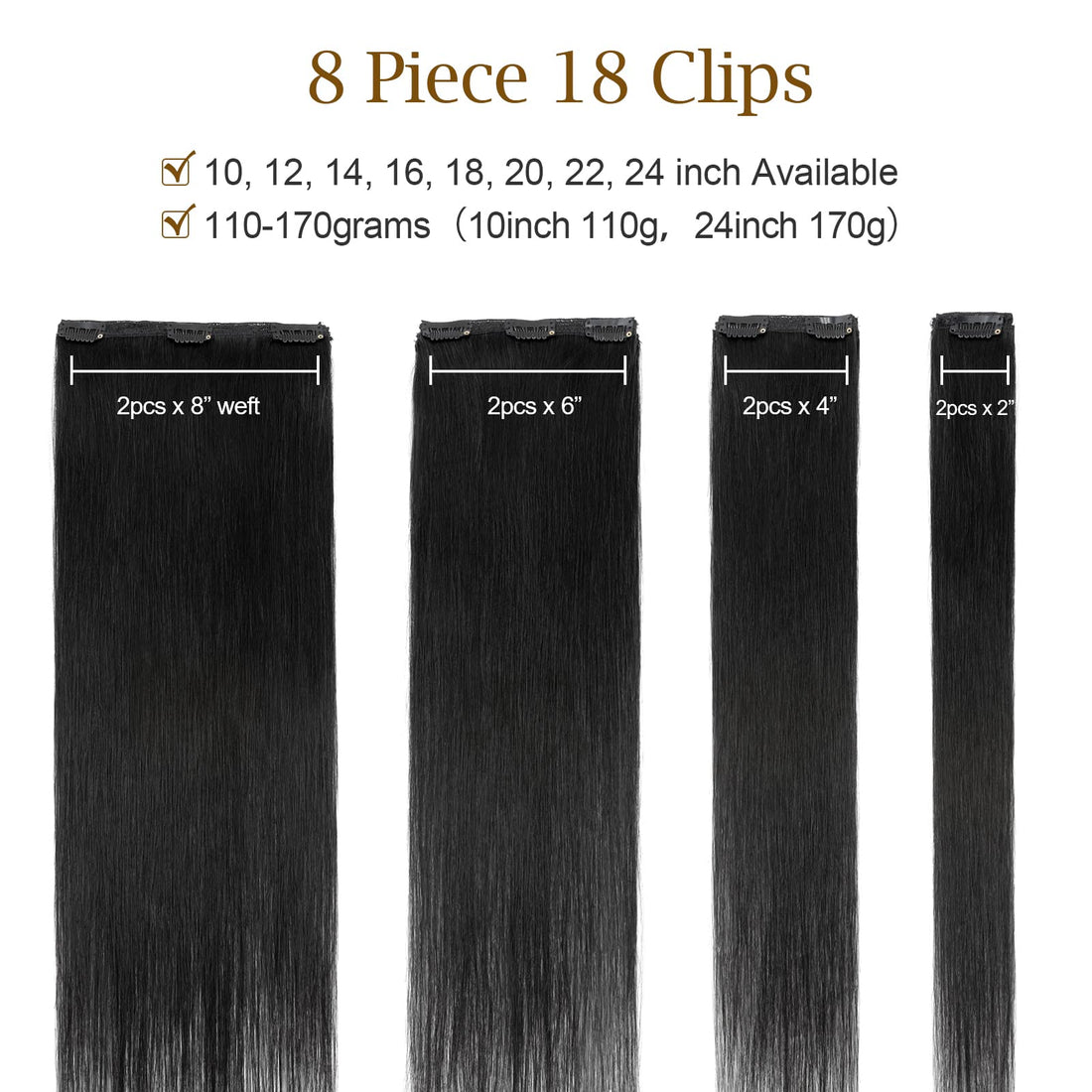 Double Weft 100% Clip in Remy Human Hair Extensions #1 Jet Black 10'-22' Grade 7A Quality Full Head Thick Thickened Short Soft Silky Straight 8pcs 18clips for Women Beauty 10 / 10 inch 110g