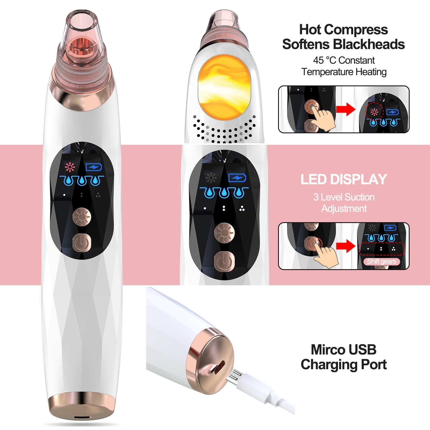 YONOY Blackhead Remover Vacuum - 2021 Upgraded Blackhead Suction Tool with Hot Compress,USB Rechargeable Pore Vacuum,Facial Pore Cleanser Suction Tool with LCD Screen and Base