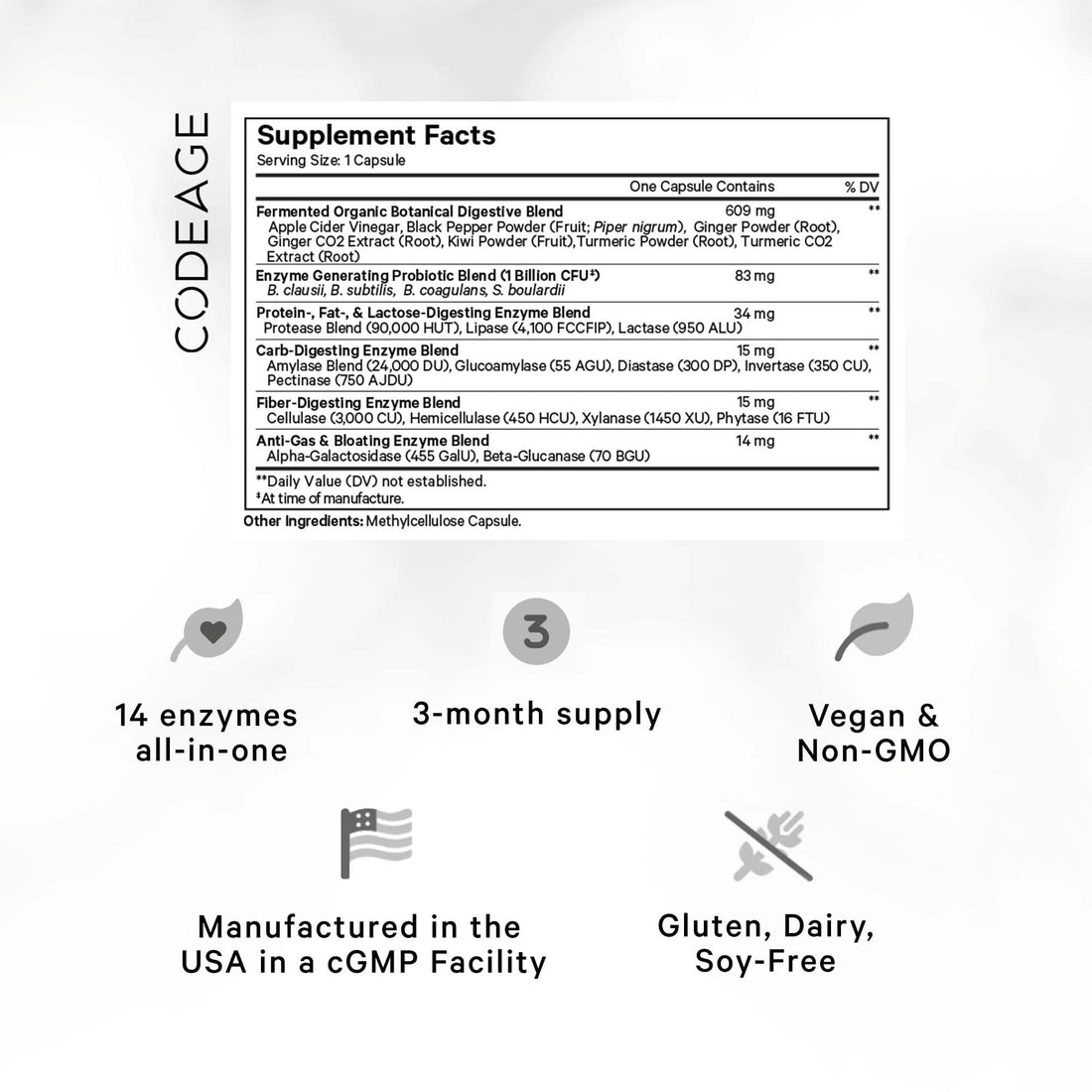 Codeage Fermented Digestive Enzymes Supplement 3-Month Supply - 14 Digestive Enzymes, Probiotics, Prebiotics, Fermented Botanicals, Plant-Based Multi Pancreatic Enzymes - 1 Capsule a Day - 90 Capsules