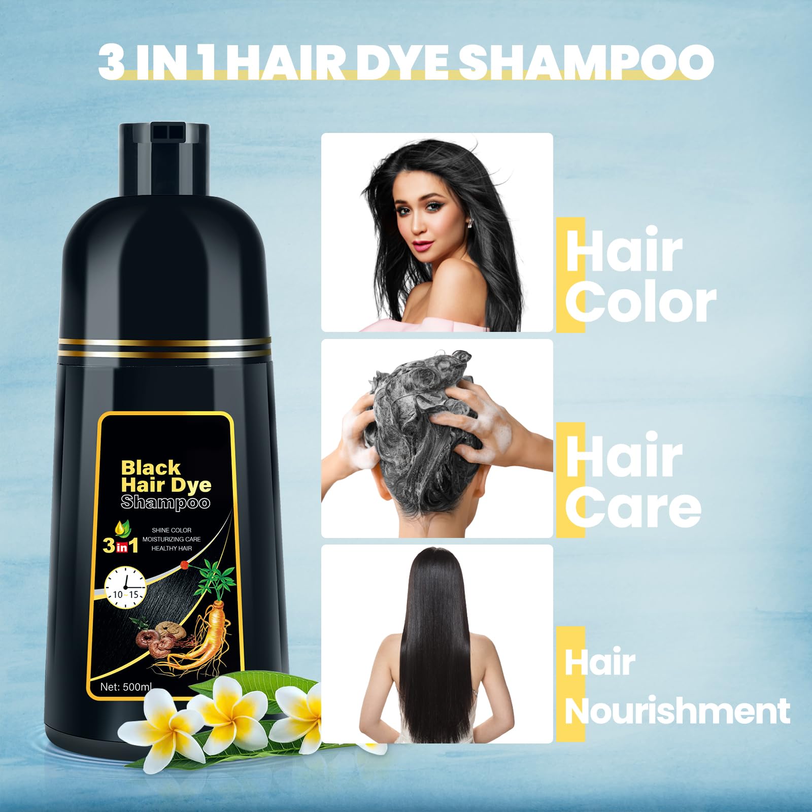 BOJICA Black Hair Dye 3 in 1 Shampoo for Gray Hair, Herbal Ingredients for Women&Men, Dye in Minutes/Semi-Permanent/(17.6 FL OZ)