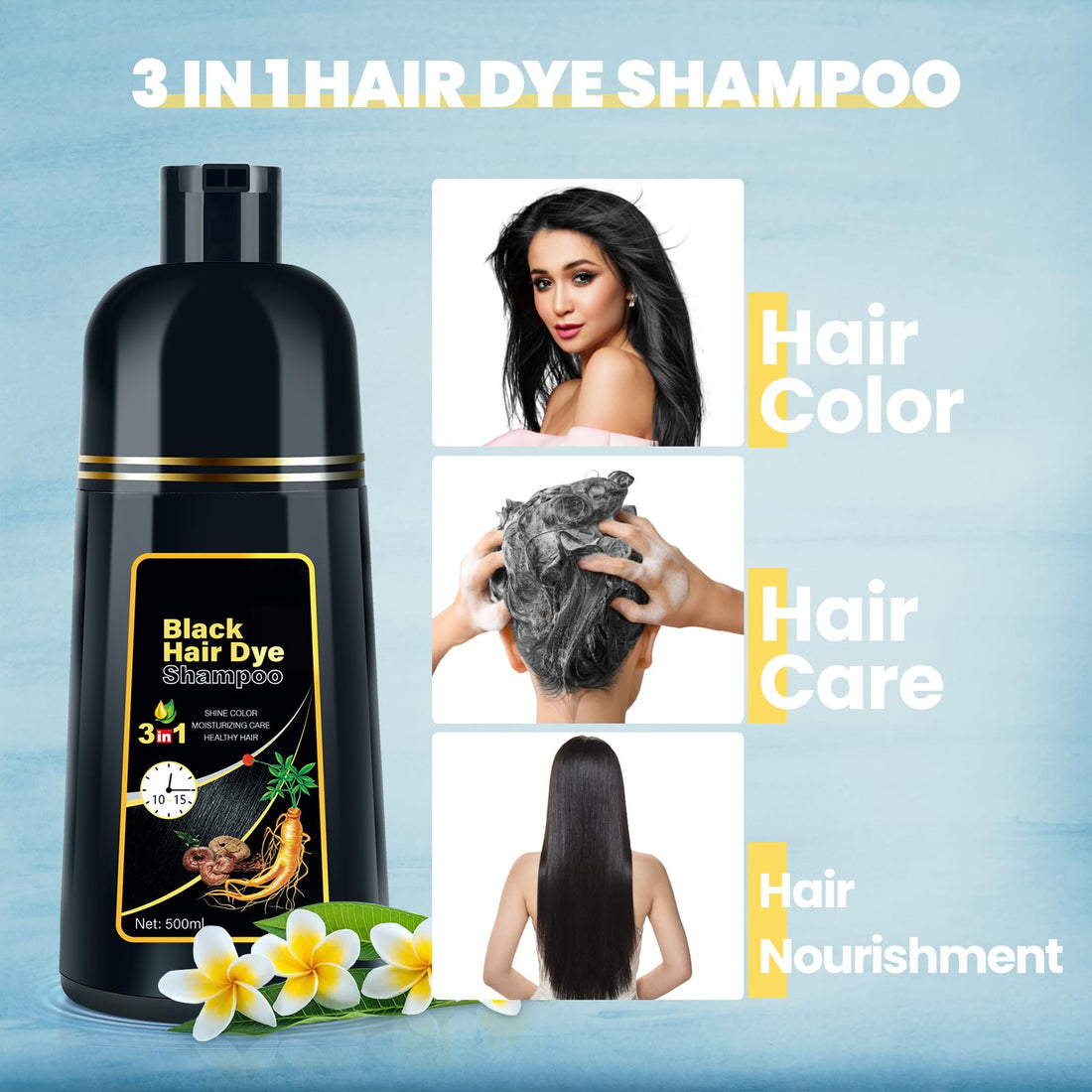 BOJICA Black Hair Dye 3 in 1 Shampoo for Gray Hair, Herbal Ingredients for Women&Men, Dye in Minutes/Semi-Permanent/(17.6 FL OZ)