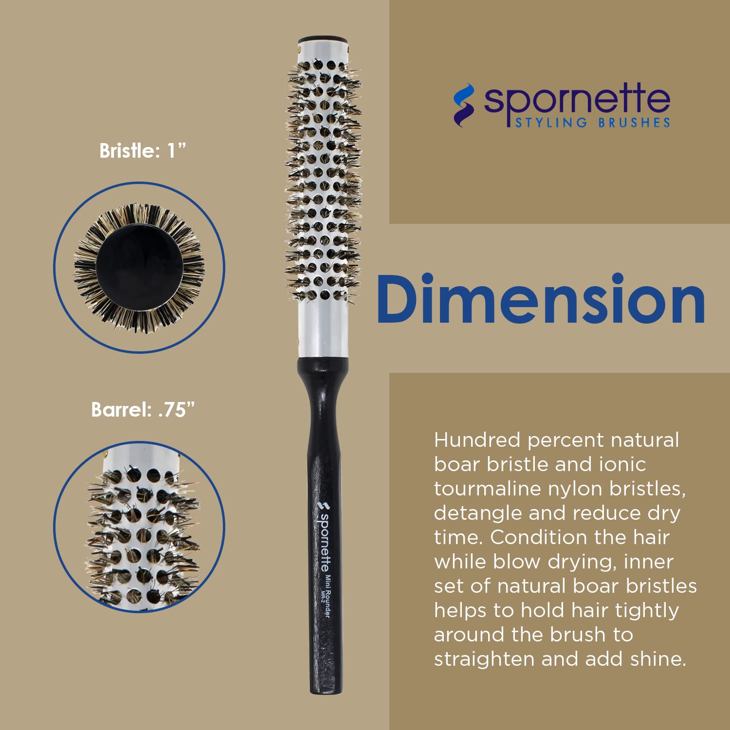 Spornette 1 Inch Mini Rounder Hair Brush Metal Thermal Barrel & Boar Nylon Bristles - Small Round Brush for Blow Drying, Styling, Smoothing & Volume (MR-2) For Barbers, Short Curly Bangs & Hairline