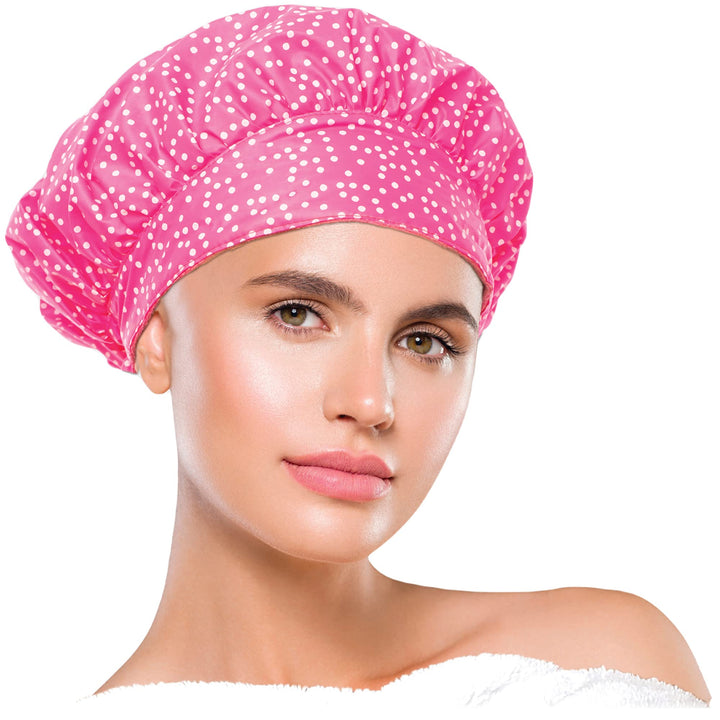 Patented Luxury Shower Cap - TIARA Shower Cap - Shower Cap for Women - Waterproof, Reusable Shower Caps - Dots Pink