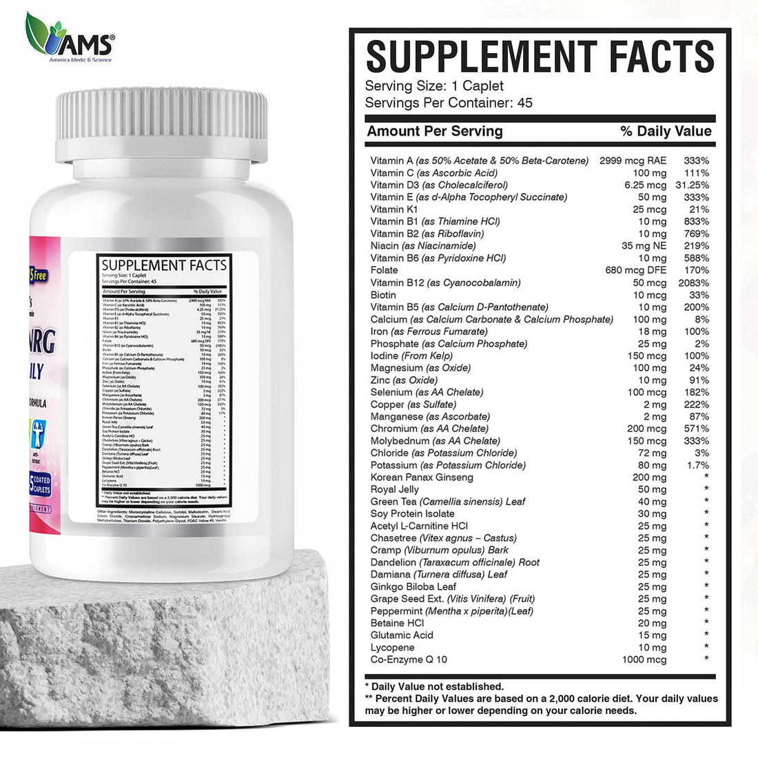 America Medic & Science Multivitamins for Women, Multi-NRG, 45 Coated Caplets, One Daily, Immune Support Supplements, Vitamin C & B Complex, Vital Micro-Nutrients & Natural Herbal Ingredients.