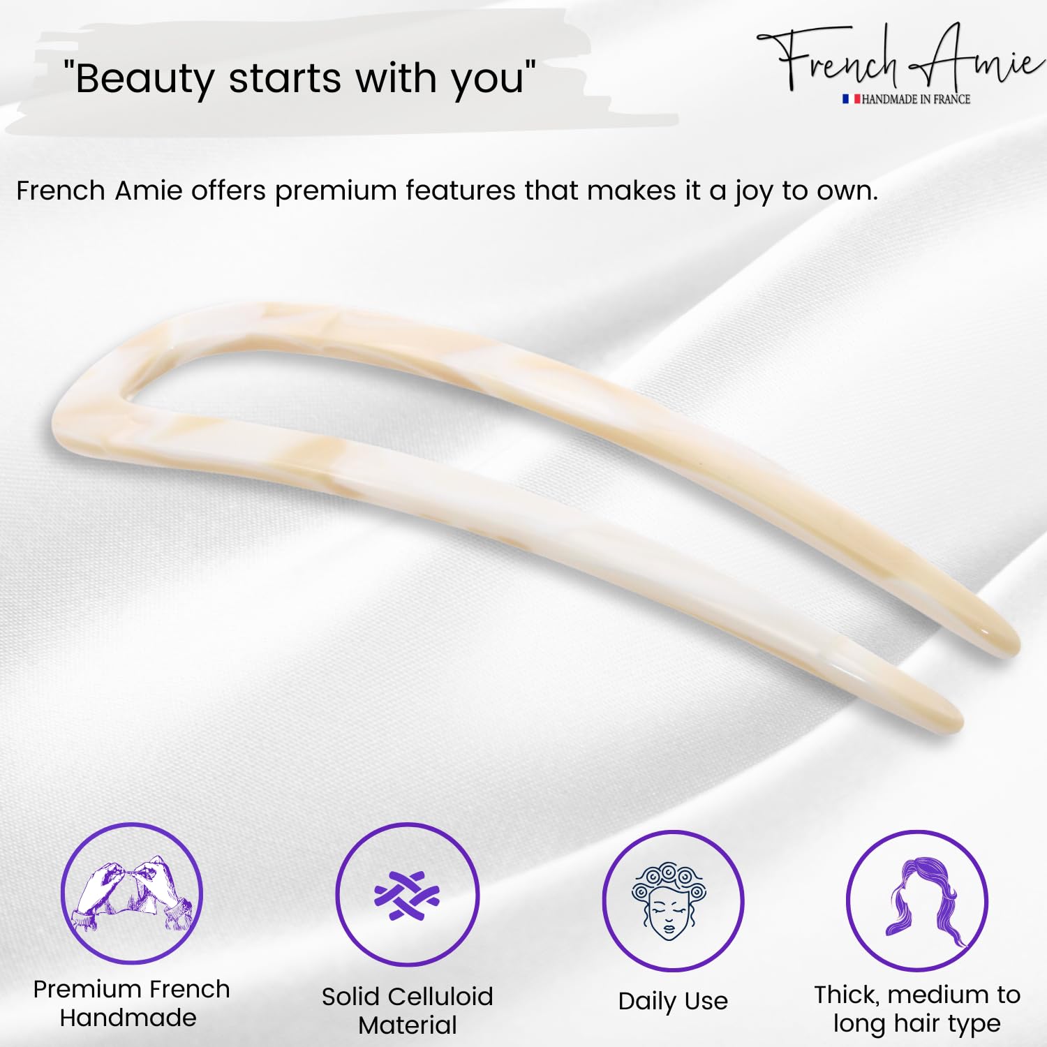 French Amie Ivory White Cream Handmade Large Cellulose Acetate Chignon Bun Holder U Hair Pin Stick (Ivory white cream)