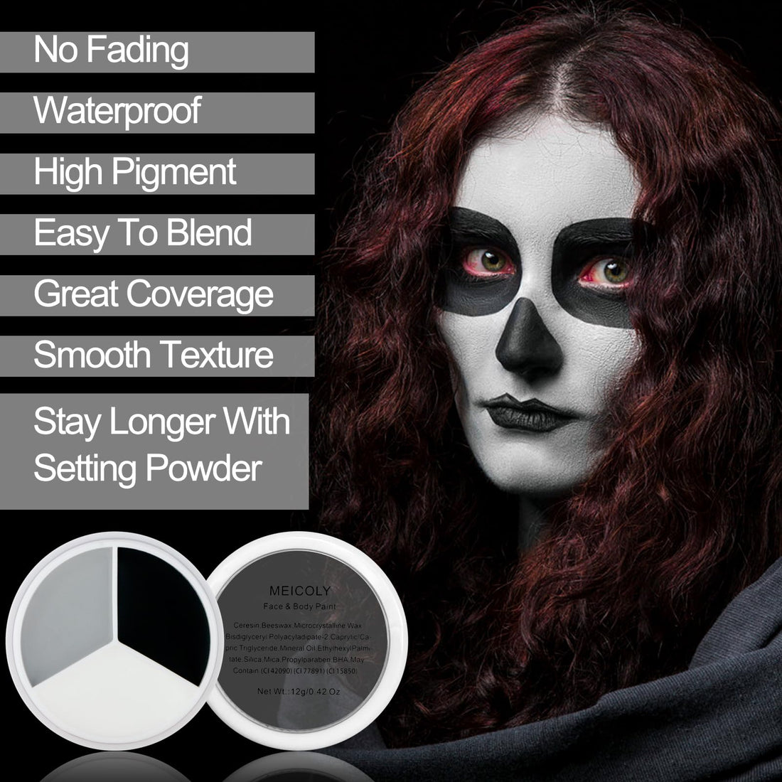 MEICOLY Black White Light Grey Face Body Paint Palette,Halloween Zombie Skeleton Makeup Face Paint,Clown Black White Makeup for Adults and Kids,Professional Body Paint Face Painting for SFX Cosplay