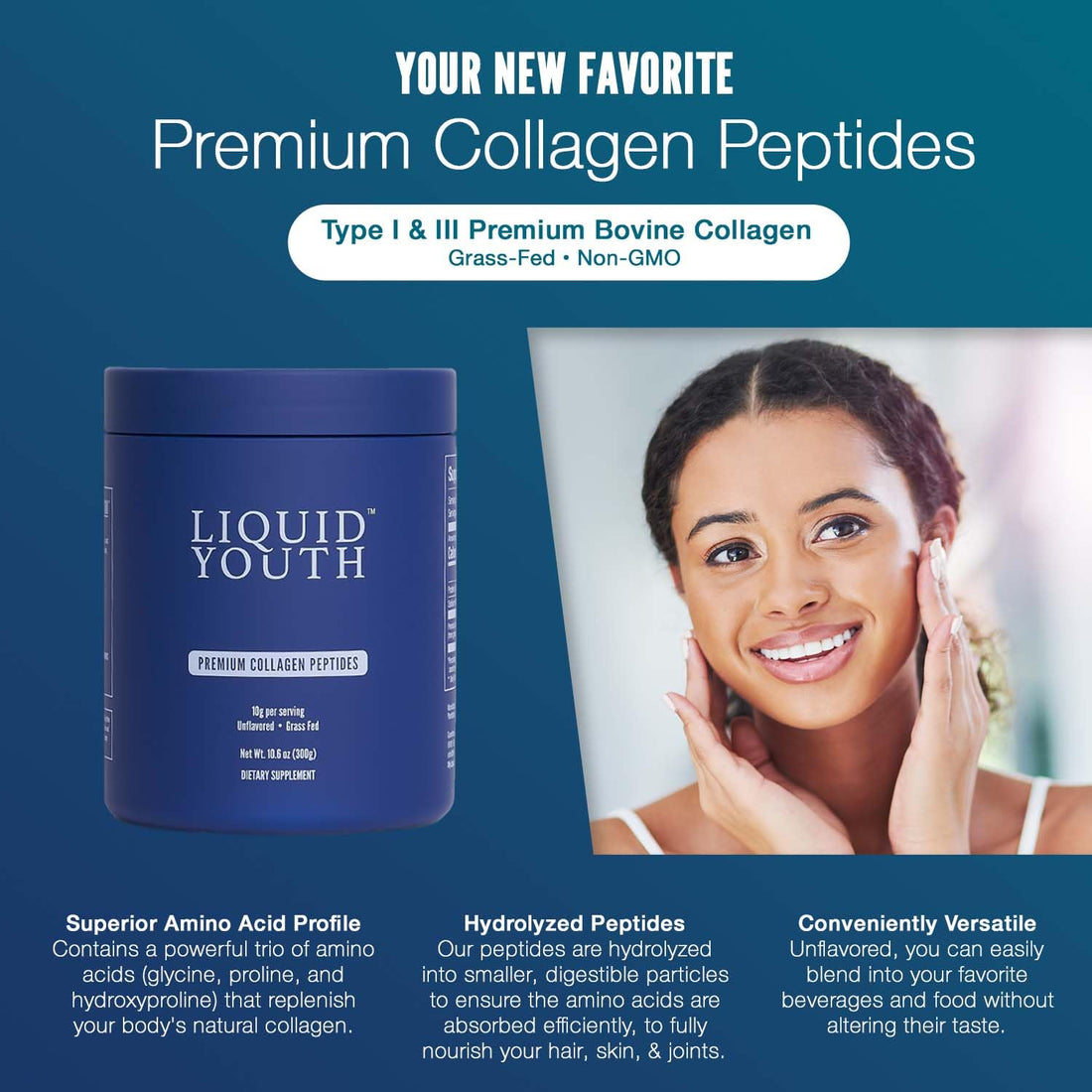 LIQUID YOUTH Collagen Peptides Powder for Women & Men - Type I & III Premium Grass-fed Bovine, Hydrolyzed Collagen, Promotes Hair Growth, Skin, Nail, Bone & Joint Health - Unflavored, 30 Servings