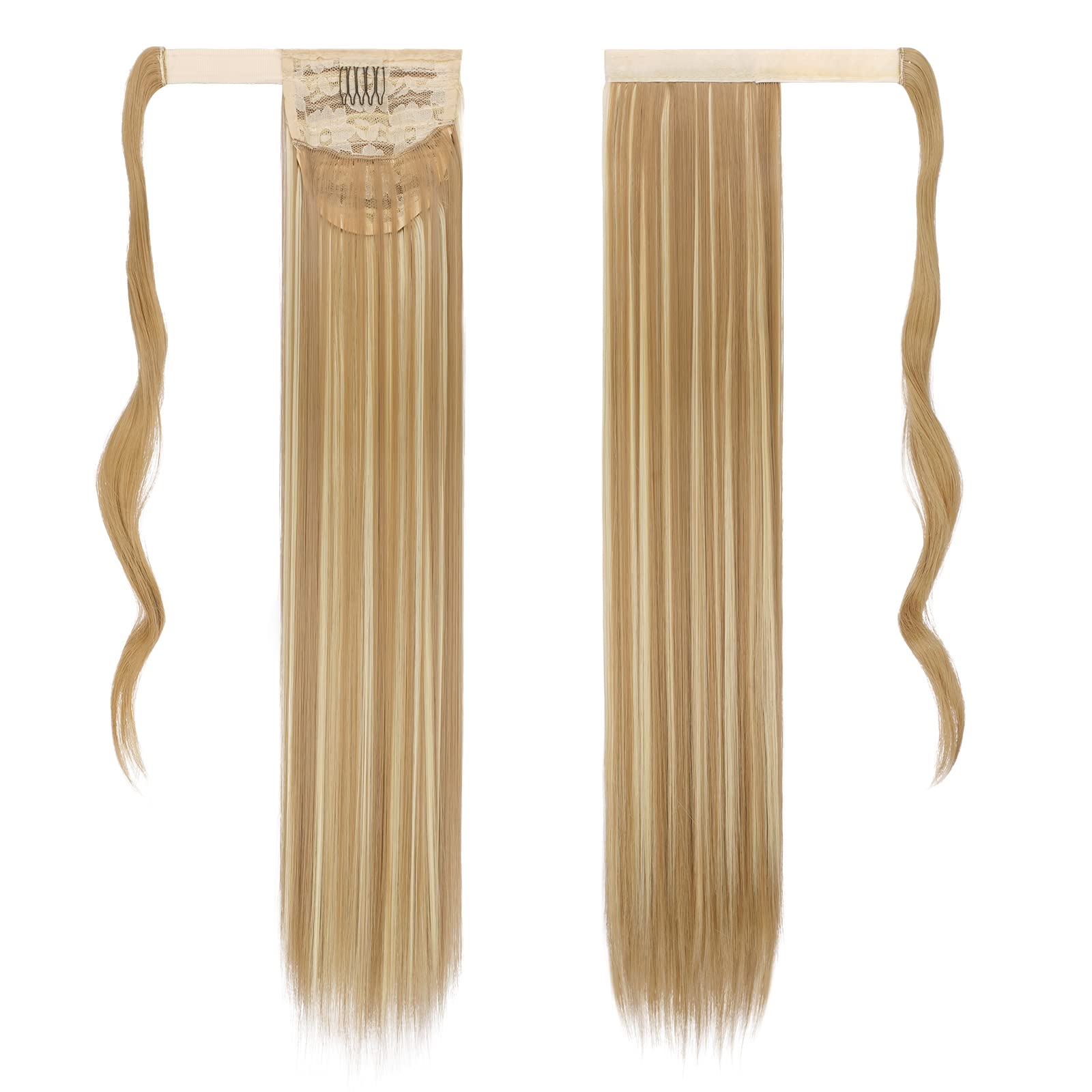 FESHFEN Straight Ponytail Extensions 28 Inch Long Wrap Around Synthetic Hair Piece Clip in Ponytail Hair Extensions Hairpiece for Women Girls 150g