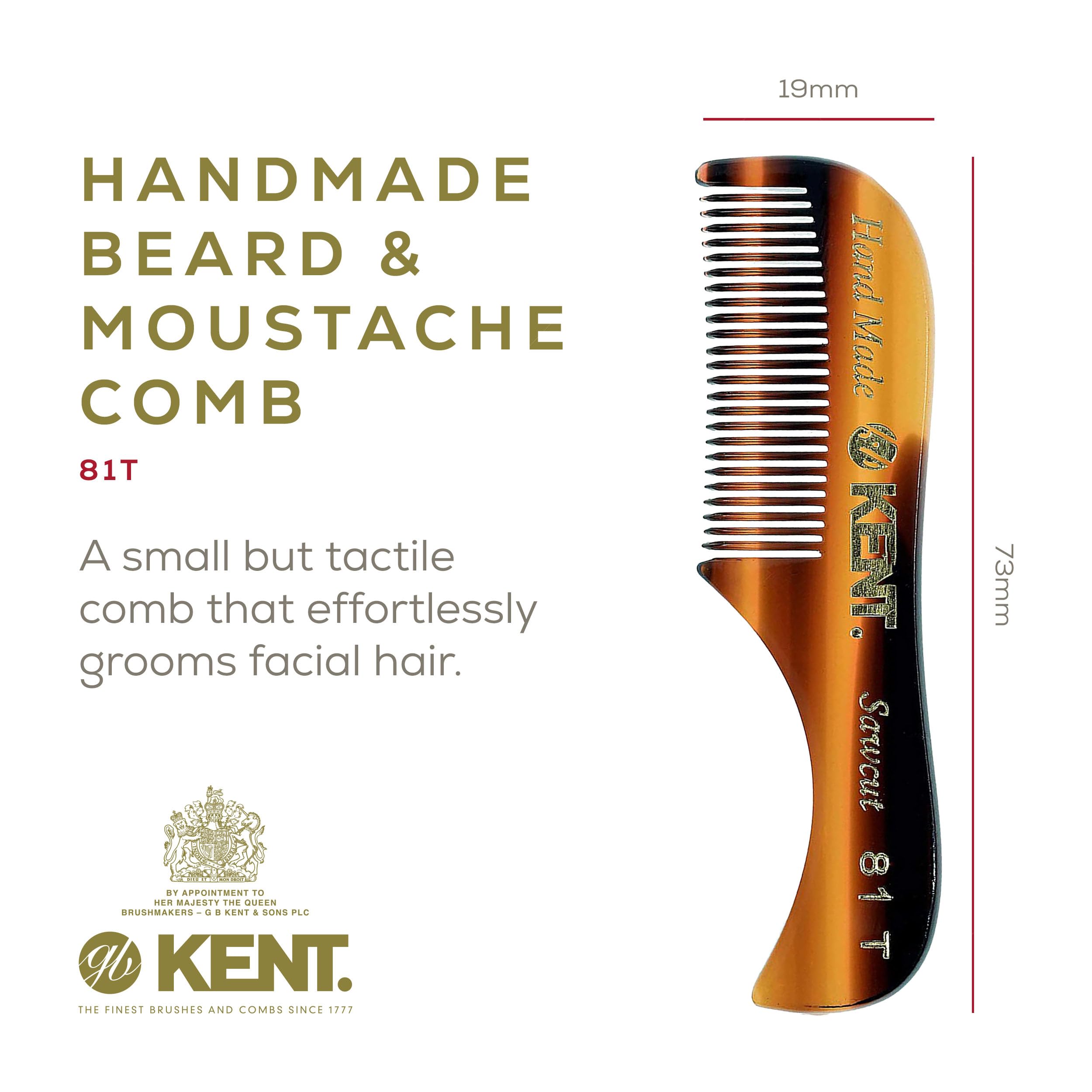 KENT 81T Freddie Handmade Beard Mustache Comb - Extra Small. Unbreakable Fine Toothed Beard and Moustache Combs Pocket Size for Facial Hair Grooming. Hand-Made Saw-Cut & Polished