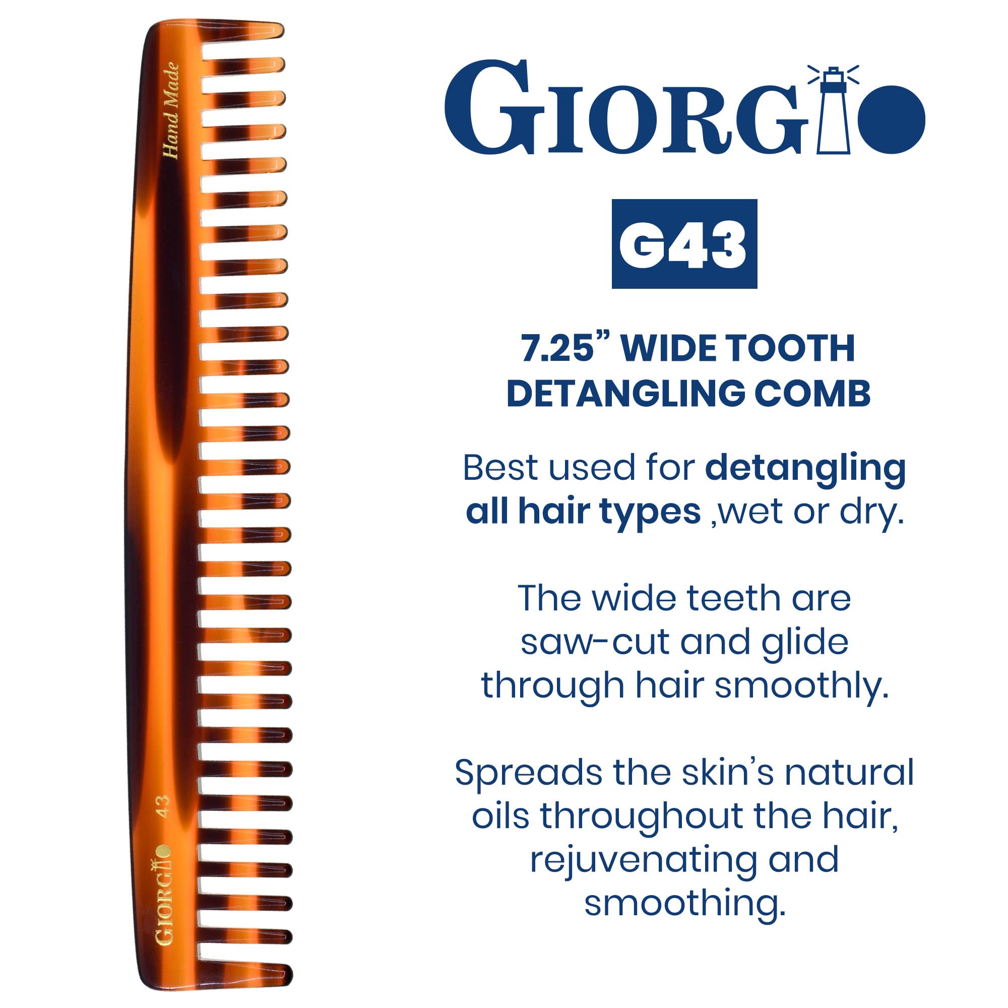 Giorgio G43 7 1/4 Hand Made Tortoise Long Detangling Comb - Wide Teeth. Hand-Made of quality Durable Cellulose, Saw-cut and Hand Polished. (2-Pack)