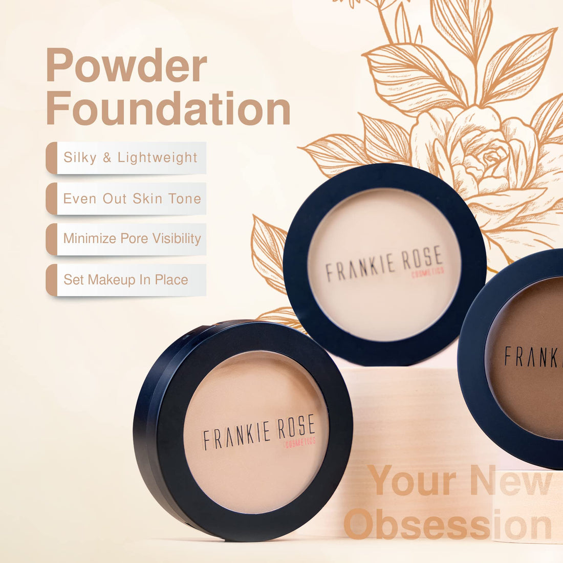 Frankie Rose Cosmetics Powder Foundation - Smooth, Lightweight Makeup for Perfect Skin Tone, Reduce Shine, Minimize Pores - Buildable Coverage - Cream Puff