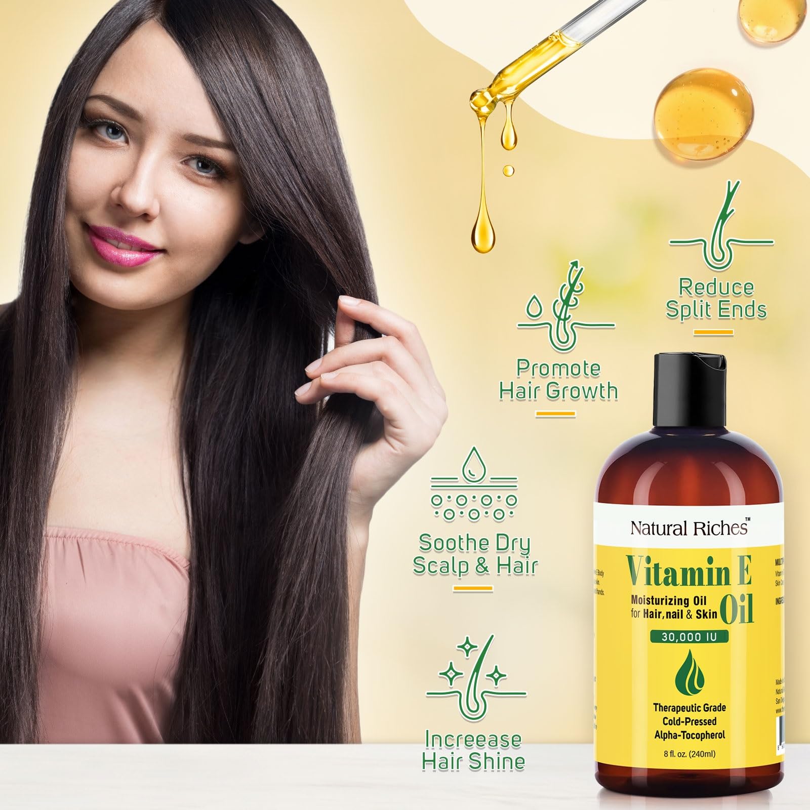 Natural Riches Vitamin E Oil | 100% Pure and Natural Cold Pressed Vitamin E oil for Skin, Scars, Face, Nails, Hair, Scalp 30,000 IU Non-GMO Verified Hair & Body Oil :8 Fl Oz