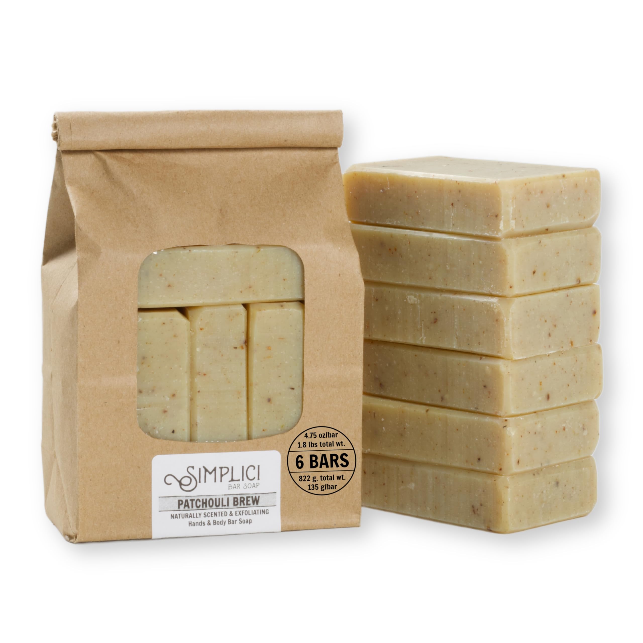Simplici Patchouli Brew Natural Soap (exfoliating + pure essential oils) 6 Bar Value Bag. Palm Free.