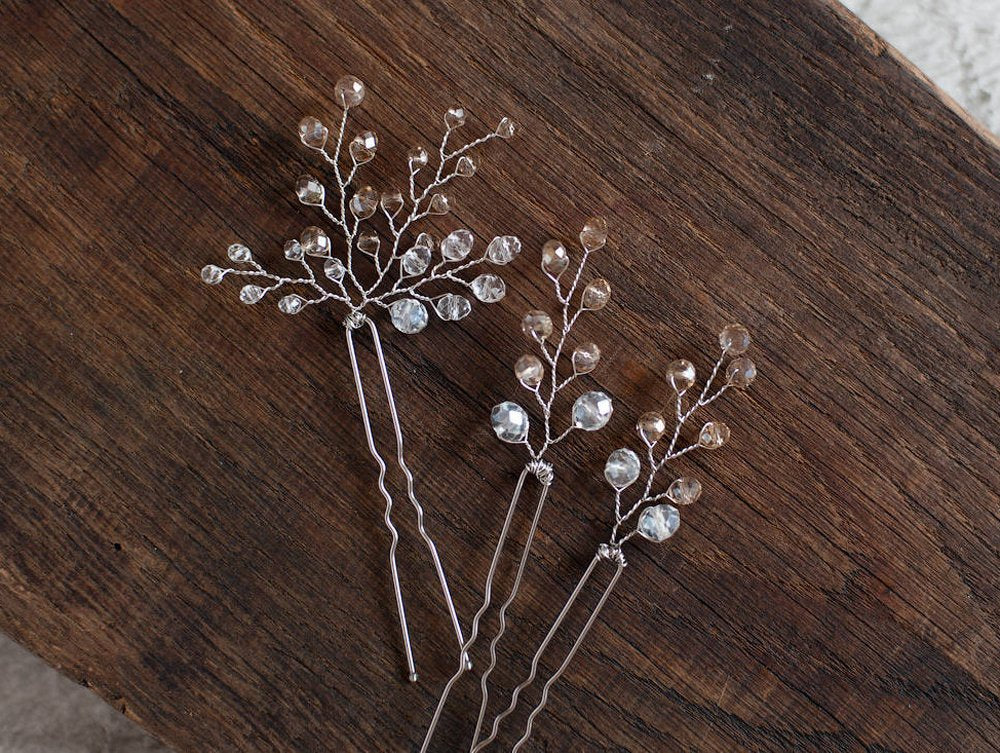 FXmimior Bridal Women Champagne Vintage Rhinestone Wedding Party Hair Pins Cilps Crystal Hair Accessories( pack of 3)