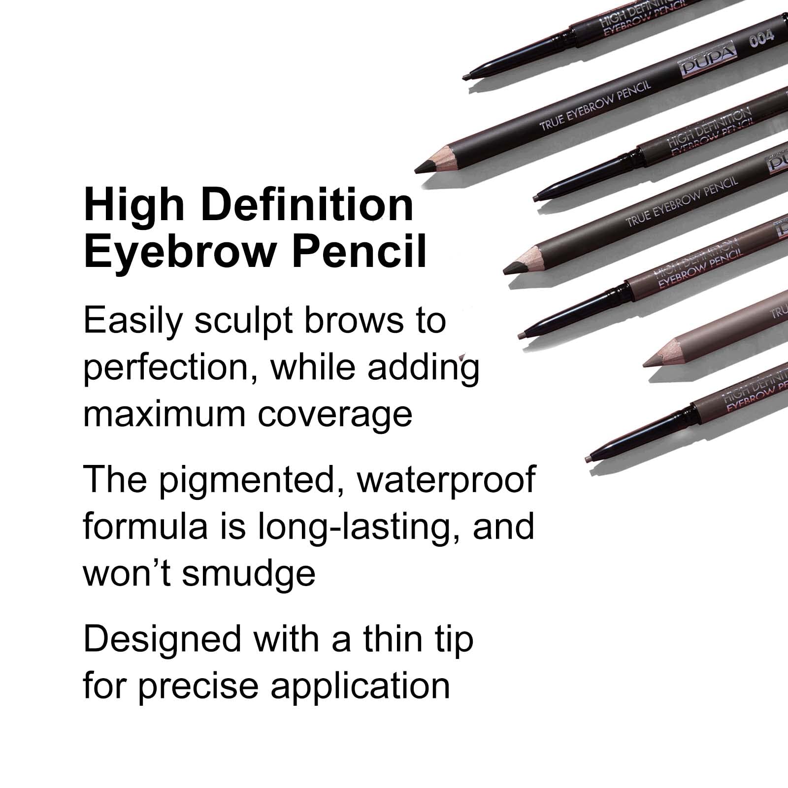 Pupa Milano High Definition Eyebrow Pencil - Waterproof Automatic Pencil With Mini Comb - Allows Super Defined Application for Sculpted Eyebrows, Precise and Intense Lines - 004 Extra Dark - 0.003 Oz