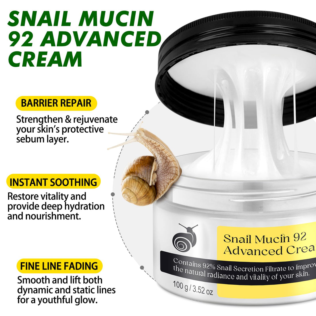 Snail Mucin Moisturizer 92% Repair Cream, Face Moisturizer Hydrating Snail Mucin Serum Cream with Collagen Anti Aging, Firming Skin, Reduce Fine Lines for Repair Face Dry, Pimples, Sensitive Skin