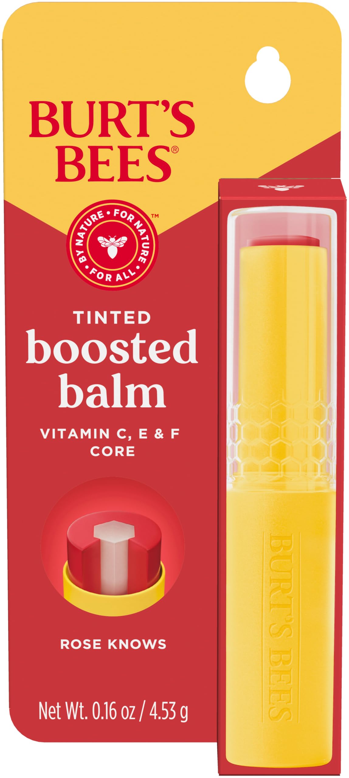 Burt’s Bees Tinted Boosted Balm, Rose Knows, Hydrating Tinted Lip Balm with Vitamin C, E, and F Core, 24 Hour Lip Moisturizer with Responsibly Sourced Beeswax, 100% Natural Origin, 1 Count, 0.16oz