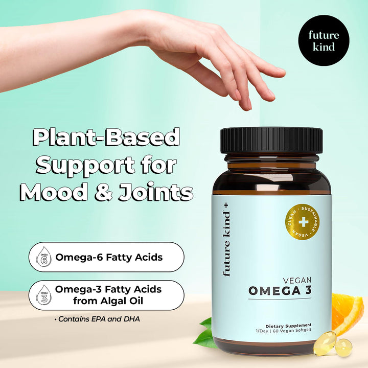 Future Kind Vegan Omega 3 Supplement - Glass Bottle, Carrageenan-Free Algae, DHA & EPA for Joint & Mood Support - 2 Month Supply for Kids & Adults