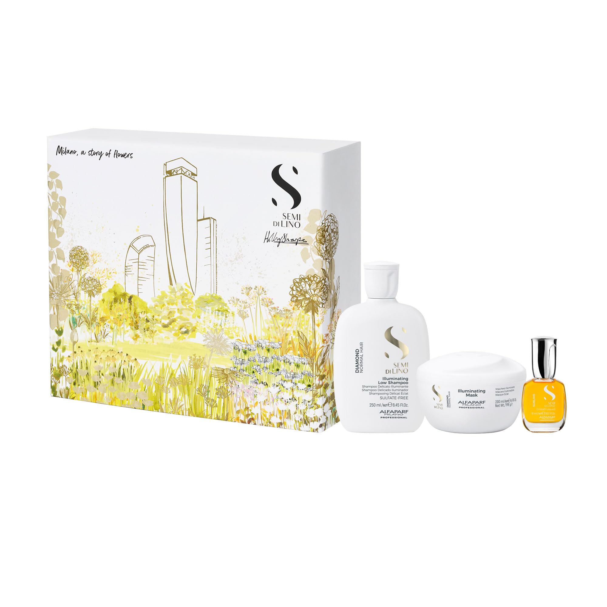 Alfaparf Milano Semi di Lino Diamond Illuminating Gift Set for Color Treated Hair - Sulfate Free Shampoo, Mask and Cristalli Liquidi Hair Oil Serum - Adds Shine and Softness - Salon Quality
