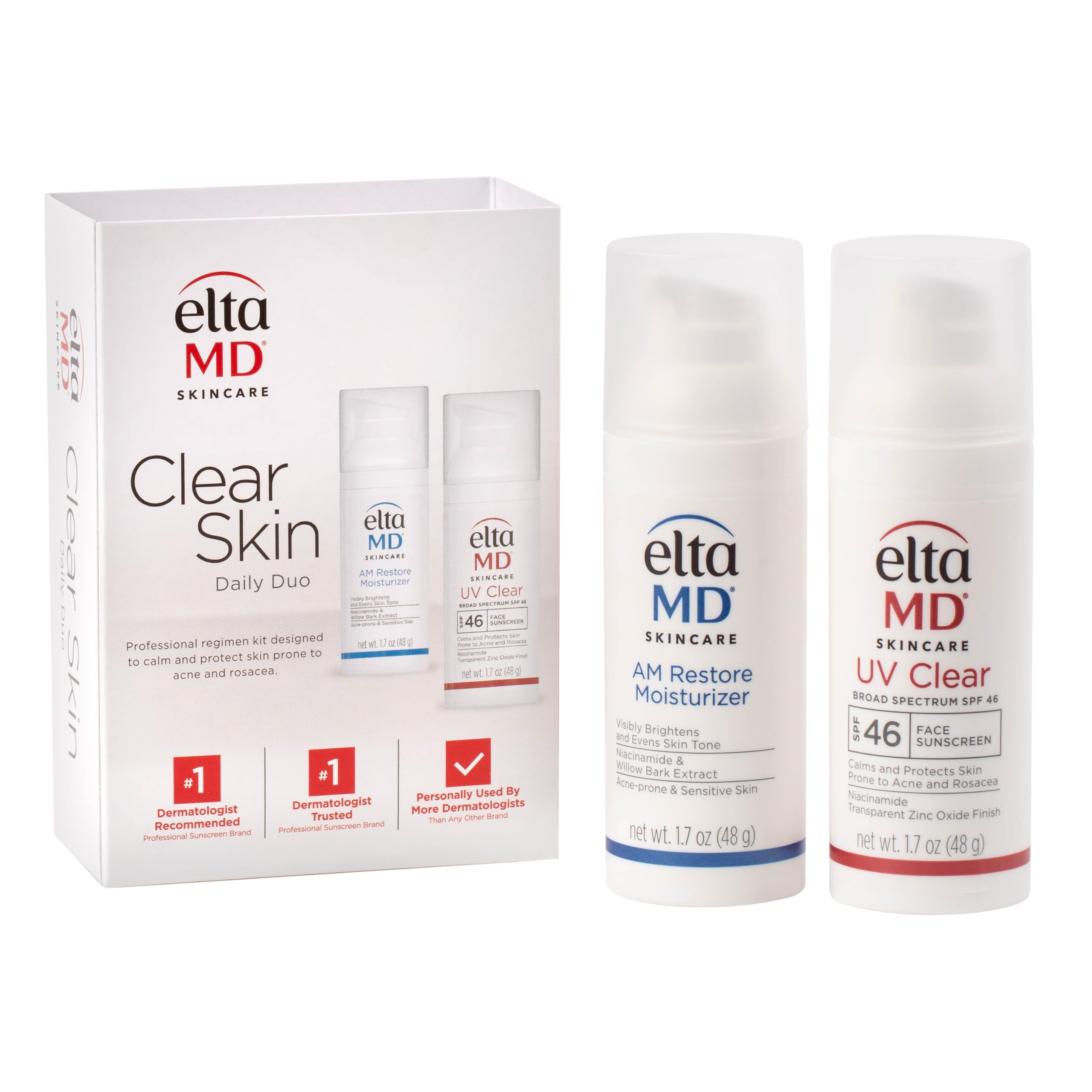 EltaMD Clear Skin Daily Duo Sensitive Skin Kit, AM Restore Facial Moisturizer and UV Clear Face Sunscreen Set, Helps Calm Rosacea and Acne Prone Skin, Made with Niacinamide and Zinc Oxide